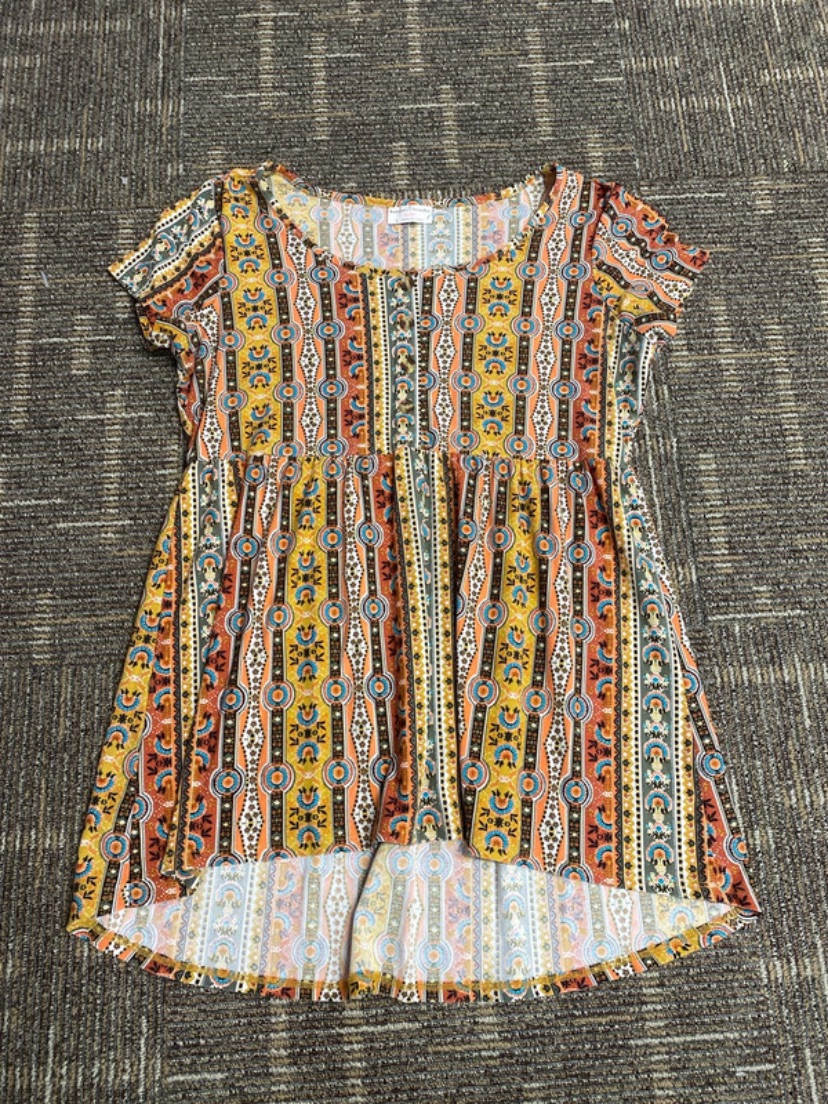 Bobbie Brooks Multicolor Patterned Short Sleeve Blouse - Yellow, Orange, Blue